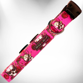 Tattoo Dog Collars (Color: Pink Skulls n' Roses, size: XS 5/8" width fits 8-12" neck)