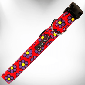 Flower Dog Collars (Color: Purple Daisies on Red, size: XS 5/8" width fits 8-12" neck)