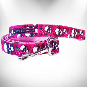 Tattoo Dog Leads (Color: Pink Skulls n' Roses, size: REGULAR Lead 1" width- 5' length)