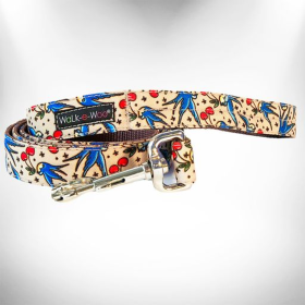 Tattoo Dog Leads (Color: Bluebird & Cherries, size: REGULAR Lead 1" width- 5' length)