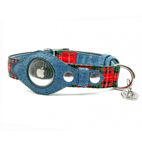 Apple Airtag Collar (Color: Red Plaid & Denim, size: small)