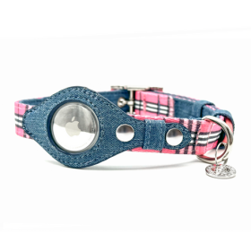 Apple Airtag Collar (Color: Pink Plaid & Denim, size: small)