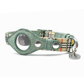 Apple Airtag Collar (Color: Beige Plaid & Denim, size: XS)